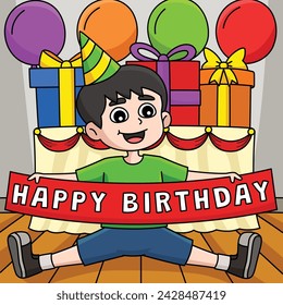 Boy with a Happy Birthday Banner Colored Cartoon