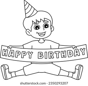 Boy with a Happy Birthday Banner Isolated Coloring