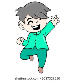 boy is happy expressing himself jumping for joy, vector illustration art. doodle icon image kawaii.