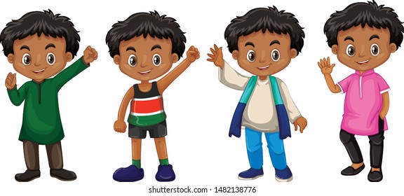 Boy with happy face in different costumes illustration