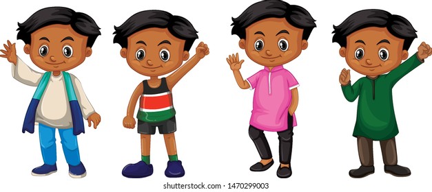 Niño con cara feliz en cuatro diferentes ilustraciones de disfraces