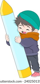 a boy with a happy face is standing hugging a yellow crayon, creative illustration design
