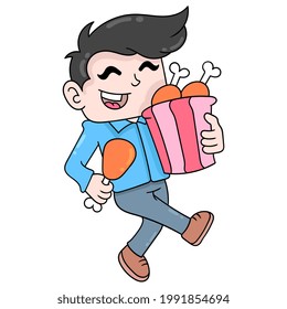 boy with a happy face walking with a bag of fried chicken thighs, vector illustration art. doodle icon image kawaii.
