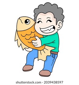 boy is happy to get a big fish from fishing, vector illustration art. doodle icon image kawaii.