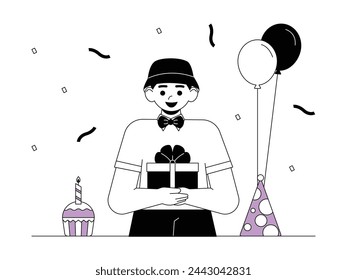 Boy is happy to get a gift on his birthday, vector illustration decoration.