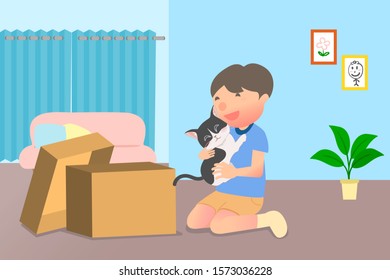 The boy is happy to get a new pet illustration. The  kitten is the reason of happiness.