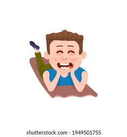 The boy is happy and laughing lies on the rugs. Flat style cartoon character.