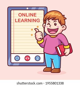 Niño feliz con caricatura de aprendizaje en línea. Ilustración de iconos vectoriales, aislados en vectores premium