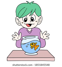 a boy is happy raising fish. vector illustration of cartoon doodle sticker draw