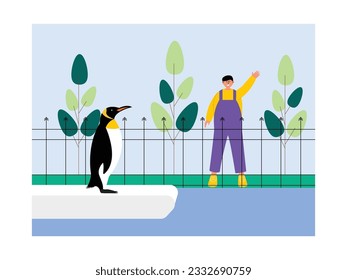 Boy happy to see penguin, greet penguin from outside the cage, zoo vector illustration.