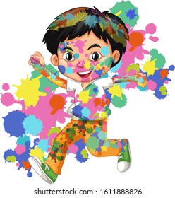 Boy with happy smile covered his body with watercolor illustration