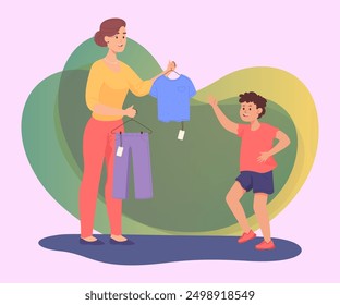 Boy happy to try on new clothes flat vector illustration. Woman offering new T-shirt and trousers to kid. Mom buying casual wear for her son. Shopping, store concept