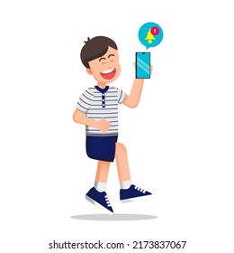a boy was so happy when he received a notification on his smartphone