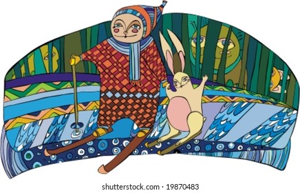 boy and hare in skis on a glade near to winter wood