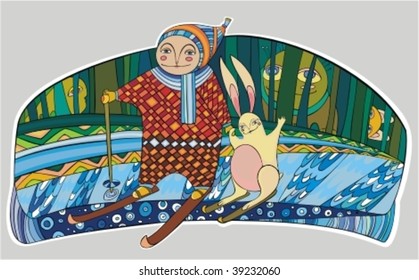 Boy and hare in skis on a glade near to winter wood