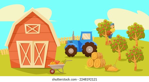 Niña cosechando manzanas en la ilustración de vector agrícola. Dibujo de dibujos animados de granero, manzanos, balas de heno, tractor, granjero con frutas. Agricultura, jardinería, concepto agrícola