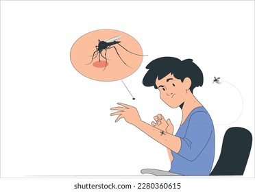 El niño tiene alergias con mosquitos mordedura o alergias medicación efecto secundario y picor de manos y brazos. Mosquito chupando sangre en la piel de los niños. El virus de la malaria y el dengue a partir del concepto de mosquito.