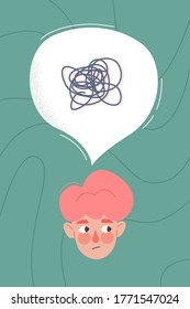 The boy has confused thoughts (chaos). Flat vector illustration.