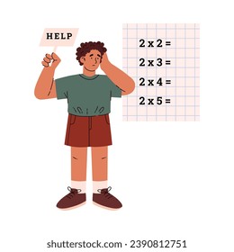 Boy has difficulty with counting and mathematical calculations. Guy holding help sign and looks at the multiplication table. Dyscalculia concept. Vector illustration on white background
