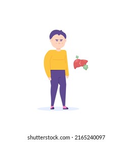 un niño tiene una enfermedad o un problema con el hígado. hepatitis o infección por virus. problemas de salud interna. expresión facial triste o infeliz. ilustración del personaje de dibujos animados. diseño vectorial