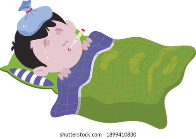 Boy has fever flat design illustration. Sick child has cooling gel on his head use for reduces fever. Health and medical concept.