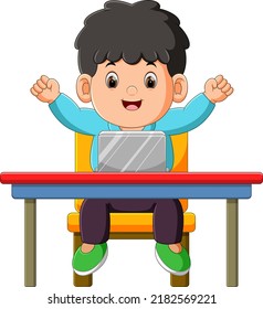 The boy has finished his homework task on laptop and so happy of illustration
