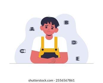 A boy has health problems with his eyes, a sad expression is shown because his glasses are no longer working properly, vector illustration.