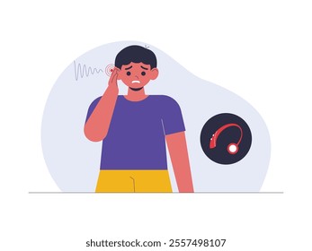 A boy has a hearing loss and has to have an aid made to help him hear again, vector illustration of a health problem.