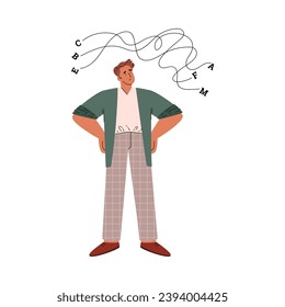 Boy has learning difficulty in reading. Young confused guy looking at tangled messed letters. Dyslexia concept. Flat isolated vector illustration on white background.