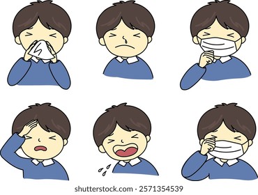 A boy has pollen allergy or cold. Some illness. fever, cough, sneeze, itchy eyes and running nose.