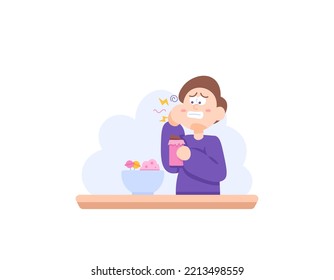 A boy has a toothache because he eats too much chocolate or sweet foods. swollen gums, toothache, swollen cheeks. oral and dental health problems. illustration concept design. graphic elements