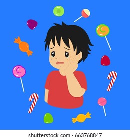 a boy has a toothache because he ate too much candies
