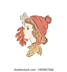 boy in hat with autumn leaves. male child profile portrait hand drawn