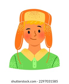 Boy in hat avatar. Child in warm orange earflaps with blond hair. Portrait of young little character in green shirt. Happy kid or student. Cartoon flat vector illustration isolated on white background