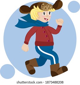 A boy in a hat with earflaps and felt boots runs. Interesting vector illustration.