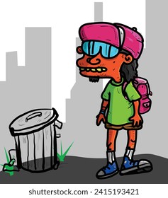 a boy with hat and glasses in slum area