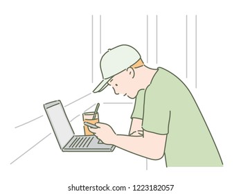 A boy in a hat with a laptop working out in a cafe. hand drawn style vector design illustrations.