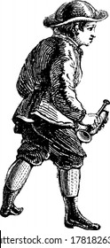 A boy with hat and long boots standing and holding a musical instrument trumpet in his hand, vintage line drawing or engraving illustration.