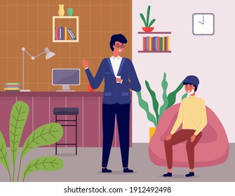 Boy in a hat and a medical mask sits on a soft armchair. Man in a jacket and glasses talks to a male character. Guys communicate during a break at work. Positive dialogue between friends in the office