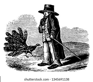 A boy with hat on head and bird near him, vintage line drawing or engraving illustration