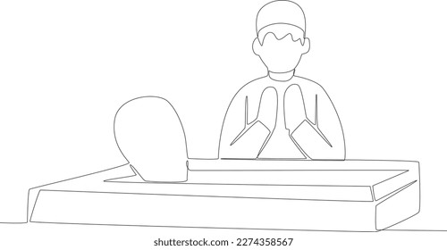 A boy in hat is praying at the cemetery  One line drawing