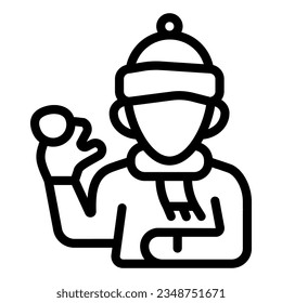 Niño en sombrero y bufanda con icono de la línea de bola de nieve, concepto de la temporada invernal, jugando con el signo de la pelea de bola de nieve sobre fondo blanco, Niño con bola de nieve en contorno para móvil. Gráficos vectoriales.