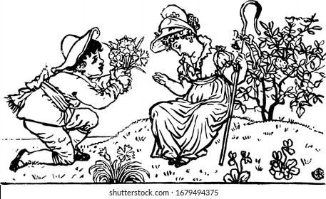 A boy with hat sitting on knees and giving bunch of flowers to girl sitting in front of him on ground, trees in background, vintage line drawing or engraving illustration