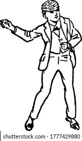 A boy with hat standing in karate position, vintage line drawing or engraving illustration.