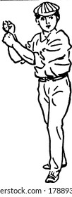 Un niño con sombrero parado en posición de karate, dibujo vintage de línea o ilustración grabadora.