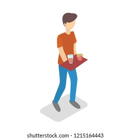 Boy have lunch or breakfast in the school cantine. Little child walking with red tray with meal. Isolated vector isometric illustration