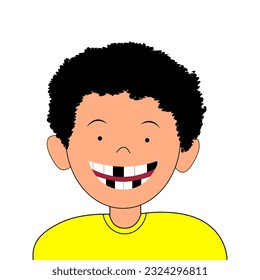 Boy have missing teeth in smile. Kid wear yellow shirt.