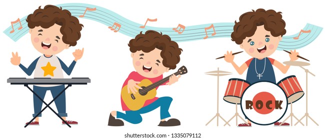 
Boy have skills Playing different Musical instruments vector illustration Isolated on white background