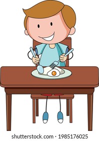 A boy having breakfast doodle cartoon character isolated illustration