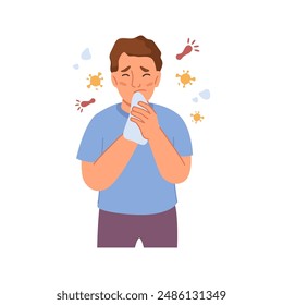 Boy having flu coughing child with influenza virus, flat cartoon vector illustration. Kid with headache and napkin. Young man having cold, seasonal flu. Man with sick symptoms feeling unwell